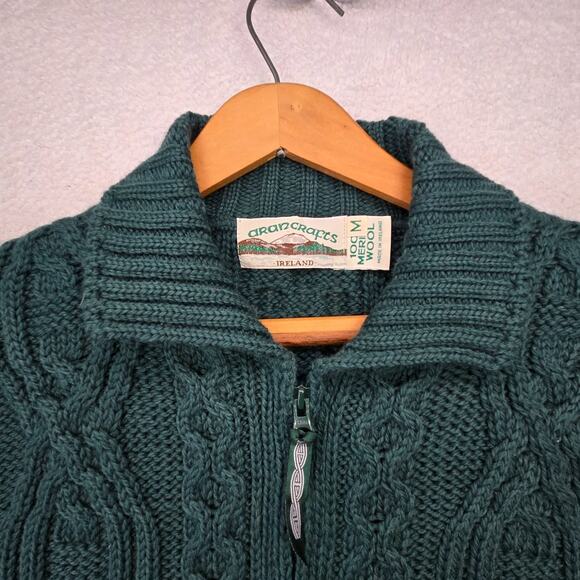 Aran Crafts Cardigan Sweater Womens M Full Zip Merino Wool Cable Knit Fisherman - Picture 2 of 10